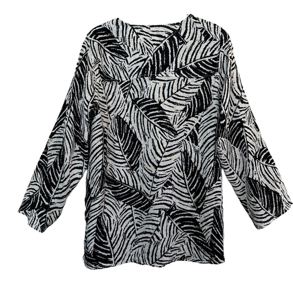 Cynthia Rowley 1X Linen Palm Print Roll Tab Sleeves Mother of Pearl Buttons Top - Picture 3 of 16